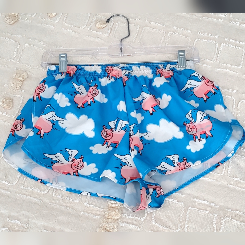 BOA 1" Elite Athletic Running Shorts,Full Split, Blue/Flying Pigs, Med. LIKE NEW